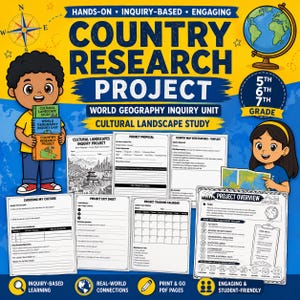 May include: A colorful educational graphic for a country research project. The design features children, globes, and worksheets. Text includes "Country Research Project", "World Geography Inquiry Unit", and "Cultural Landscape Study". The image is designed for 5th, 6th, and 7th grade.