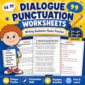 May include: A colorful educational worksheet for 3rd-6th grade students, focusing on dialogue punctuation. The image features a cartoon boy holding a paper with punctuation practice exercises, and the text "Dialogue Punctuation Worksheets".
