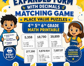 Expanded Form Decimals Matching Game, Place Value Puzzles (4th-6th Grade Printable)