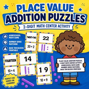 2-Digit Addition Puzzles, Place Value Math Game (PDF Pattern)