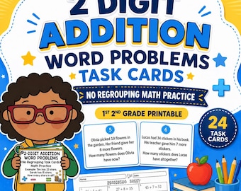 2-Digit Addition Word Problems Task Cards, No Regrouping Math Practice (1st 2nd Grade Printable)
