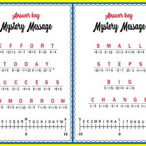 May include: Two-page educational worksheet with a yellow border. The title "Mystery Message" is in a decorative font. The worksheet contains coded words and a number line for solving the mystery message. The words include "EFFORT", "TODAY", "SUCCESS", and "TOMORROW".