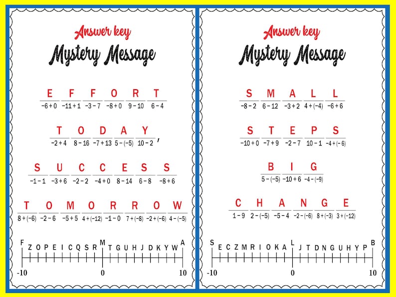 May include: Two-page educational worksheet with a yellow border. The title "Mystery Message" is in a decorative font. The worksheet contains coded words and a number line for solving the mystery message. The words include "EFFORT", "TODAY", "SUCCESS", and "TOMORROW".