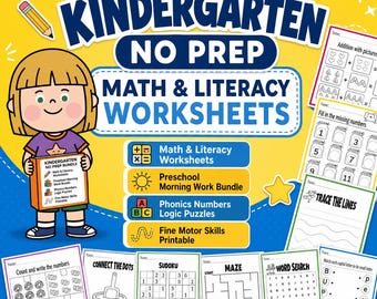 Kindergarten Math Literacy Worksheets, Preschool Morning Bundle, Phonics Numbers Logic Puzzles (Digital Download)