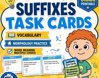 Suffixes Task Cards, Vocabulary Morphology Practice, Word Meaning (2nd-4th Grade Printable)