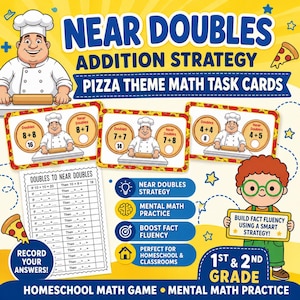 Può includere: Gioco di matematica educativo a tema pizza. L'immagine presenta schede attività con problemi di addizione, un foglio di lavoro e uno chef dei cartoni animati. Il testo include "Strategia di addizione dei doppi vicini" e "1a e 2a elementare".