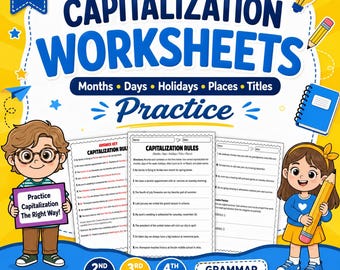 Capitalization Worksheets, Months Days Holidays Places Titles Practice, 2nd 3rd 4th Grade Grammar Printable