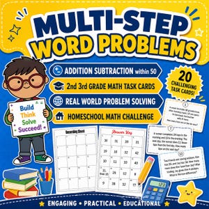 May include: An educational poster titled "Multi-Step Word Problems" with a cartoon boy holding a sign. The poster includes math task cards, a recording sheet, and an answer key. The text includes "Addition Subtraction within 50" and "2nd 3rd Grade Math Task Cards."