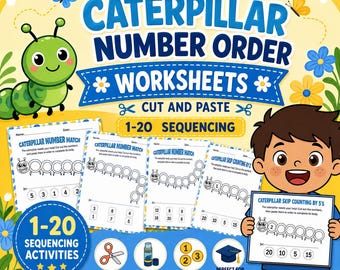 Spring Caterpillar Number Order Worksheets, Cut and Paste Sequencing (Digital Download)