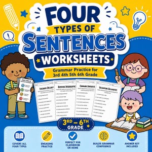 Könnte beinhalten: Lehrreiches Arbeitsblatt-Set mit dem Titel "Four Types of Sentences". Die blau-gelbe Grafik zeigt Cartoon-Kinder, Arbeitsblätter und den Text "Grammatikübungen für die 3., 4., 5. und 6. Klasse". Enthält einen Antwortschlüssel.