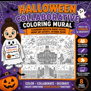 Mural colaborativo para colorear de Halloween - Póster para el tablón de anuncios del aula, actividad artística en grupo, decoración de octubre