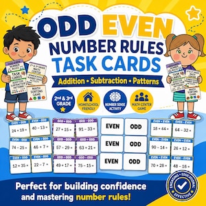 May include: Educational task cards for 2nd and 3rd grade math, focusing on odd and even number rules, addition, subtraction, and patterns. Features colorful illustrations and the text "Odd Even Number Rules Task Cards".