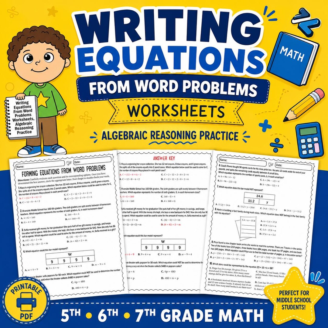Writing Equations From Word Problems Worksheets, Algebraic Reasoning ...