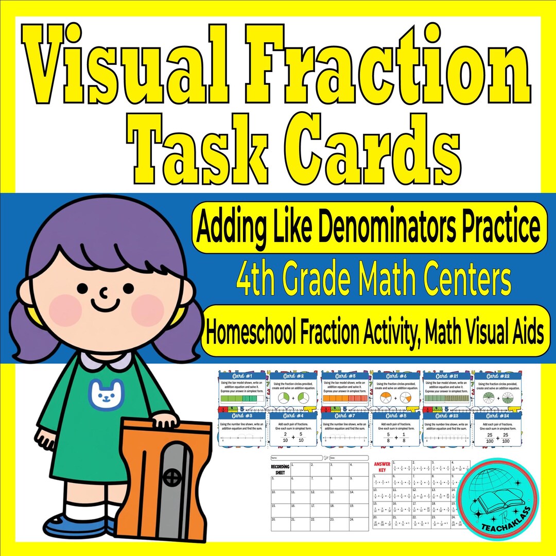 4th Grade Visual Fraction Task Cards, Adding Like Denominators Practice ...