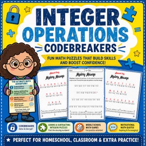 以下が含まれることがあります： 「Integer Operations Codebreakers」と題された、楽しい数学パズルが特徴のカラフルな教育ポスター。ポスターには、漫画の女の子、数学の問題、そして「Perfect for Homeschool, Classroom & Extra Practice!」というテキストが含まれています。