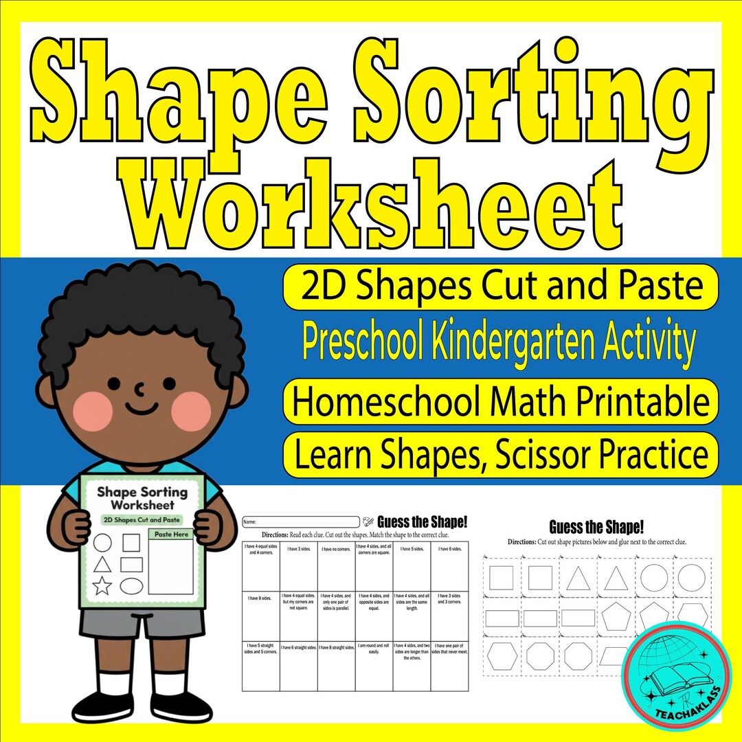 2D Shapes Cut and Paste Worksheet, Preschool Kindergarten Activity (PDF ...