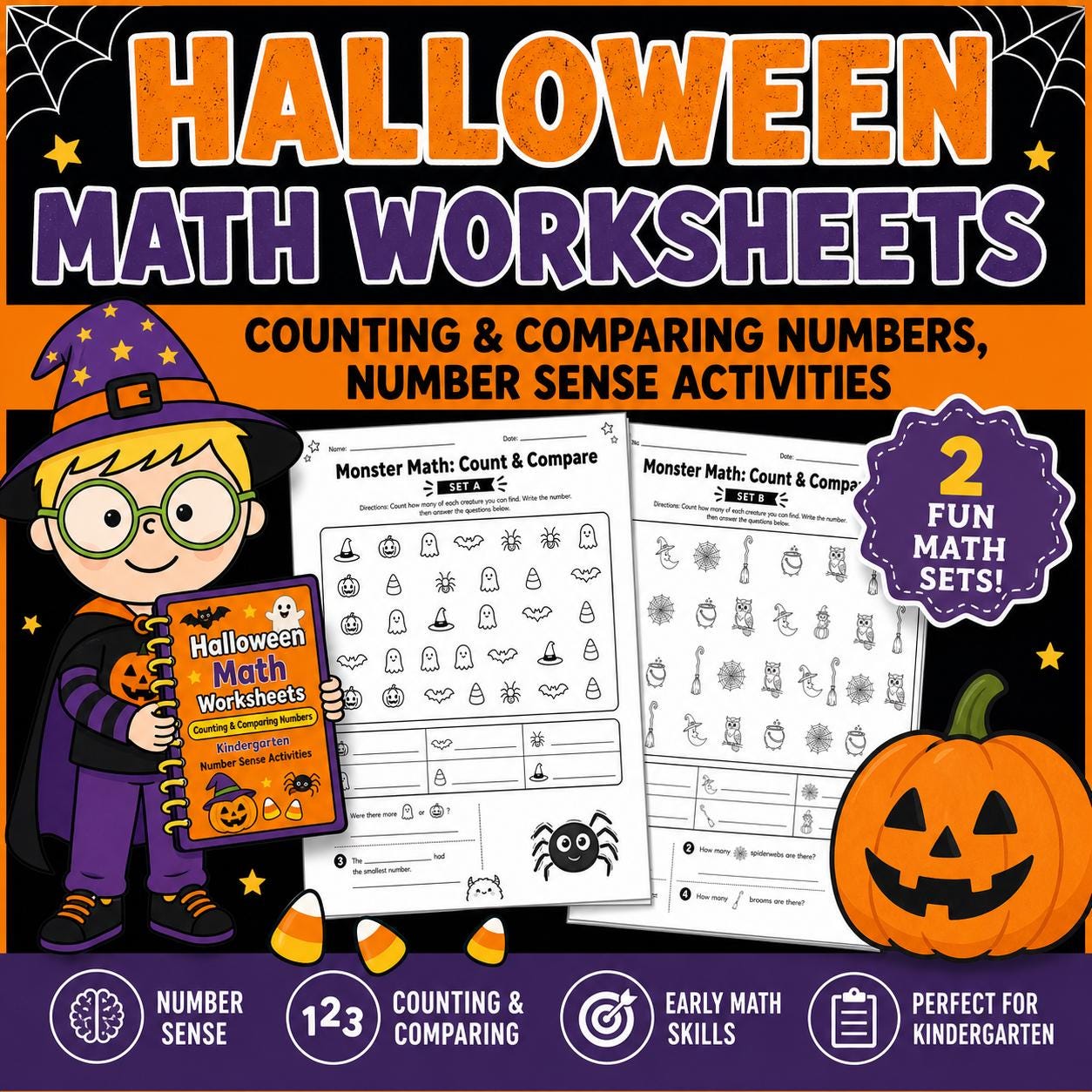 Halloween Math Worksheets - Counting & Comparing Numbers, Kindergarten 1st Grade Number Sense Activities