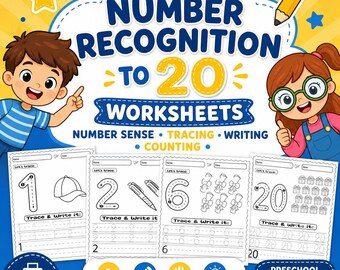 Number Recognition to 20 Worksheets - Tracing, Writing & Counting (Digital Download)