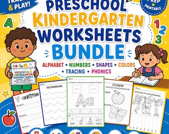 Preschool Kindergarten Worksheets Bundle, Alphabet, Numbers, Shapes, Phonics (Printable)