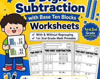 2-Digit Subtraction Worksheets, Base Ten Blocks, With/Without Regrouping, 1st 2nd Grade Math Printable