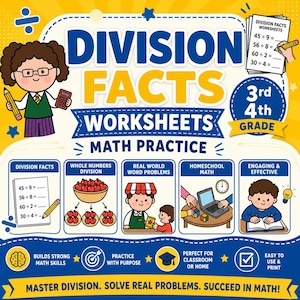 Puede incluir: Un conjunto de hojas de trabajo educativas coloridas tituladas "Division Facts Worksheets" para la práctica de matemáticas de 3er y 4to grado. La imagen presenta ilustraciones de dibujos animados de problemas de matemáticas, un maestro y niños, con el texto "Master Division. Solve Real Problems. Succeed in Math!"