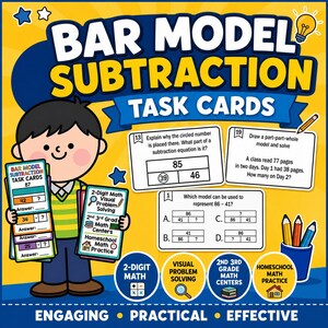 Puede incluir: Un colorido póster educativo con el texto "BAR MODEL SUBTRACTION TASK CARDS". La imagen presenta a un niño de dibujos animados sosteniendo tarjetas de tareas con problemas de matemáticas. El póster incluye iconos para matemáticas de 2 dígitos, resolución de problemas visuales y práctica de matemáticas en casa.