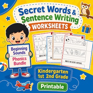 Op de afbeelding: Een kleurrijk educatief werkbladpakket voor kleuters en de vroege basisschoolklassen. De afbeelding toont een stripfiguur die een bord vasthoudt met de tekst "Beginning Sounds Phonics Bundle". De werkbladen richten zich op geheime woorden en zinsopbouw.