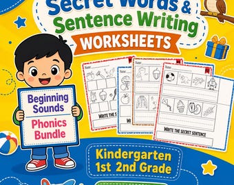 Secret Words & Sentence Writing Worksheets, Beginning Sounds Phonics Bundle, Kindergarten 1st 2nd Grade Printable