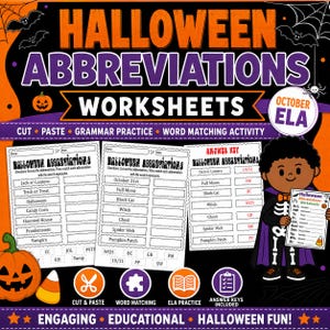 Könnte beinhalten: Halloween-Abkürzungsarbeitsblätter mit Ausschneide-, Einklebe-, Grammatik- und Wortzuordnungsübungen. Enthält drei druckbare Seiten mit Wortlisten, einem Lösungsschlüssel und einer Zeichentrickfigur im Skelettkostüm, die ein Arbeitsblatt hält.