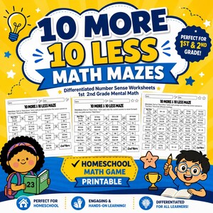 Op de afbeelding: Een gele en blauwe printbare wiskundegame voor leerlingen van groep 3 en 4. De afbeelding toont de tekst "10 More 10 Less Math Mazes" en bevat werkbladen met doolhoven. De afbeelding bevat ook cartoon illustraties van kinderen.