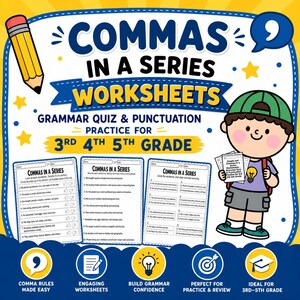 Peut inclure: Ensemble de feuilles de travail éducatives intitulées "Commmas in a Series" pour la pratique de la grammaire en 3e, 4e et 5e année. L'image présente un garçon de dessin animé, un crayon et le texte "Grammar Quiz & Punctuation".