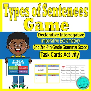 Tipos de oraciones: Juego de Scoot, Tarjetas de tareas declarativas e interrogativas (2.º a 4.º grado)