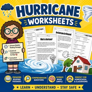 May include: A colorful educational worksheet set titled "Hurricane Worksheets" with a cartoon illustration of a child holding a sign about extreme weather reading passages. Includes comprehension questions and science made simple.