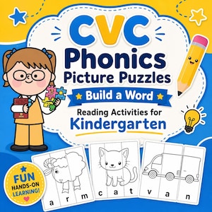 Op de afbeelding: Een kleurrijke educatieve afbeelding voor leesactiviteiten in de kleuterklas. De afbeelding toont de tekst "CVC Phonics Picture Puzzles Build a Word" met illustraties van een stripmeisje, een potlood en puzzelstukjes. De afbeelding bevat ook illustraties van een schaap, een kat en een bestelwagen.