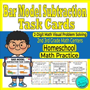 2-siffrig stapelmodell subtraktionsuppgiftskort, visuell matteproblemlösning (digital nedladdning)