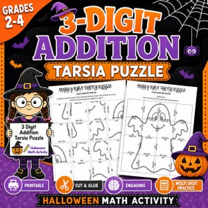 Può includere: Un'attività matematica stampabile di puzzle Tarsia con addizioni a 3 cifre per le classi 2-4, con una strega che tiene un cartello, una griglia a forma di fantasma, una chiave di risposta e una zucca su sfondo nero con pipistrelli.