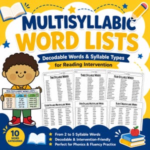 May include: Educational poster titled "Multisyllabic Word Lists" with a cartoon child holding a sign. The poster features lists of words categorized by syllable count and type, designed for reading intervention and phonics practice. Includes an apple and books.