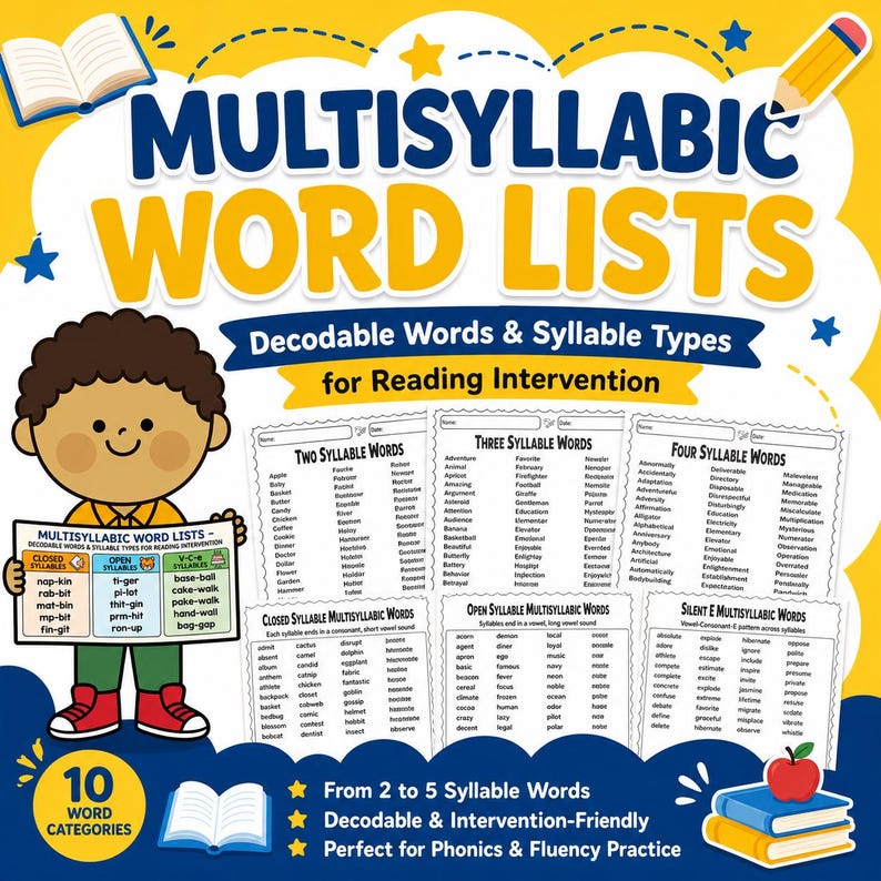 Multisyllabic Word Lists - Decodable Words & Syllable Types for Reading ...