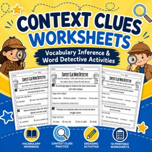 Op de afbeelding: Educatieve werkbladen getiteld "Context Clues Worksheets" met de ondertitel "Vocabulary Inference & Word Detective Activities". De afbeelding toont cartoonkinderen met vergrootglazen en werkbladen met vragen.
