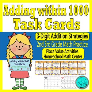 3-Digit Addition Strategies Task Cards, Place Value Math Practice (Digital Download)