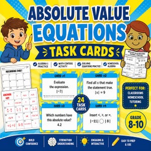 Peut inclure: Cartes de tâches éducatives pour les équations de valeur absolue. Les cartes présentent des problèmes mathématiques, notamment l'évaluation d'expressions et la résolution de x. Comprend une feuille d'enregistrement, une clé de réponse et est conçu pour les classes de 8e à 10e année.