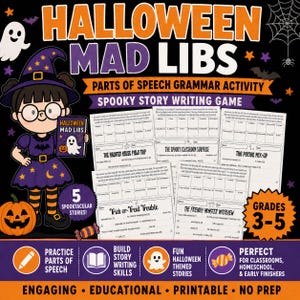 Pode incluir: Atividade de gramática e jogo de escrita de histórias assustadoras Halloween Mad Libs para as séries 3-5. Inclui cinco histórias imprimíveis intituladas The Haunted House Field Trip, The Spooky Classroom Surprise, The Potion Mix-Up, Trick-or-Treat Trouble e The Friendly Monster Interview, com uma personagem bruxa.