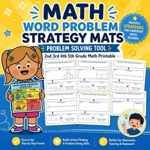 Puede incluir: Un colorido póster educativo titulado "MATH WORD PROBLEM STRATEGY MATS" para estudiantes de 2º, 3º, 4º y 5º grado. El póster presenta una niña de dibujos animados sosteniendo un letrero más pequeño con estrategias de resolución de problemas.