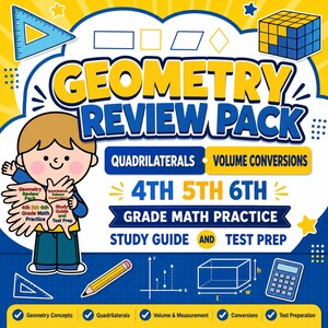 Puede incluir: Gráfico educativo colorido titulado "Geometry Review Pack" con un niño de dibujos animados sosteniendo un libro. La imagen incluye formas geométricas, un lápiz y una calculadora. El texto incluye "Cuadriláteros", "Conversiones de volumen" y "Práctica de matemáticas de 4º, 5º y 6º grado."