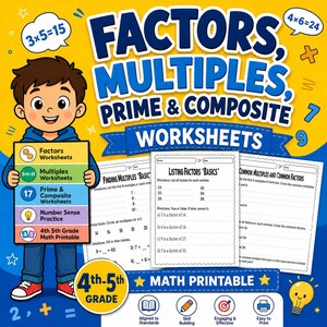 Puede incluir: Un conjunto de hojas de trabajo educativas coloridas para matemáticas de 4º y 5º grado, con factores, múltiplos, números primos y compuestos. La imagen incluye un niño de dibujos animados sosteniendo un letrero con temas de hojas de trabajo y ejemplos, con el texto "Math Printable".