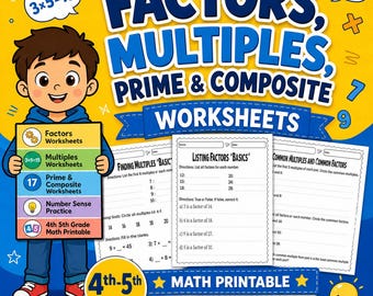 Factors, Multiples, Prime & Composite Worksheets, Number Sense Practice, 4th 5th Grade Math Printable