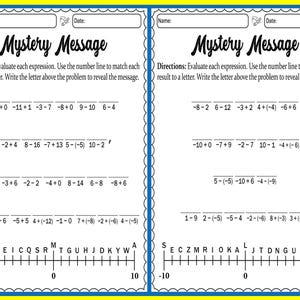 May include: Two worksheets with the title "Mystery Message" are shown. Each worksheet has math problems to solve, with a number line at the bottom to match answers to letters. The worksheets are bordered in yellow and blue.