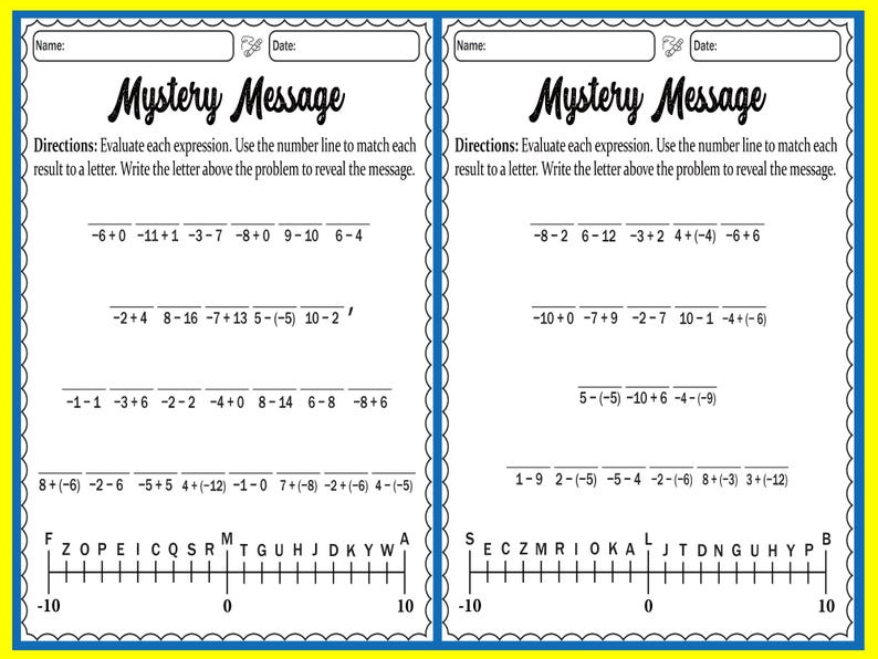 May include: Two worksheets with the title "Mystery Message" are shown. Each worksheet has math problems to solve, with a number line at the bottom to match answers to letters. The worksheets are bordered in yellow and blue.