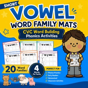 Op de afbeelding: Een educatieve afbeelding met de tekst "SHORT VOWEL WORD FAMILY MATS" en "CVC Word Building Phonics Activities." De afbeelding toont 20 woordfamiliekaarten, een cartoonillustratie en de tekst "Perfect For" met opsommingstekens voor fonetische oefening, vroege lezers, thuisonderwijs en klasactiviteiten.