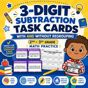 Tarjetas de ejercicios de resta de 3 dígitos, matemáticas de 2.º y 3.º grado (patrón en PDF)